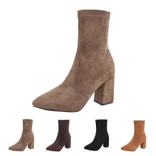Image of UK 5 Block Heeled Ankle Boots for Women Suede Pointed Toe Pull on Ladies Ankle Boot Fall Winter Faux Suede Rouched Shoes Footwear Khaki
