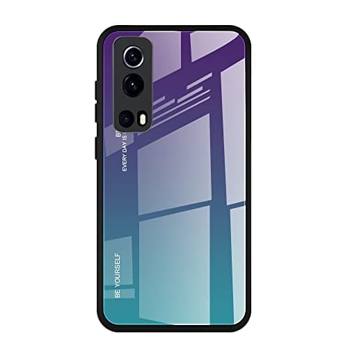 Image of Dedux Case for vivo Y72 5G / vivo Y52 5G, Gradient Tempered Glass Back Case and Shockproof Silicone Tpu Protective Phone Case Cover (Purple/Green)