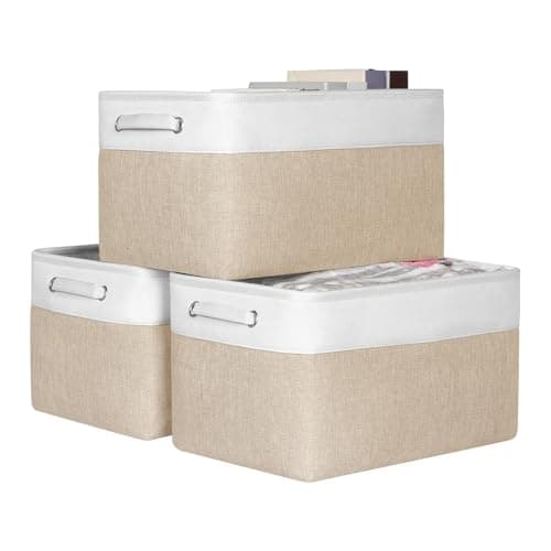 Image of KEEGH Fabric Storage Baskets Set of 3, 17in Storage Boxes for Shelves, Foldable Storage for Hard Bottom Storage, Fabric Basket with Handle, Storage Boxes for Home and Office-White/Beige