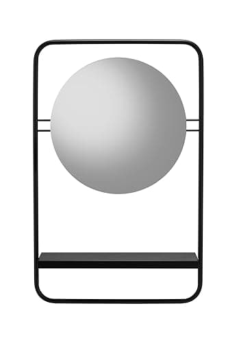 Image of Croydex Furzton Round Bathroom Mirror with Shelf, 4mm Mirror Glass, Matt Black Steel Framed Design, Wall Mounted, Contemporary Style