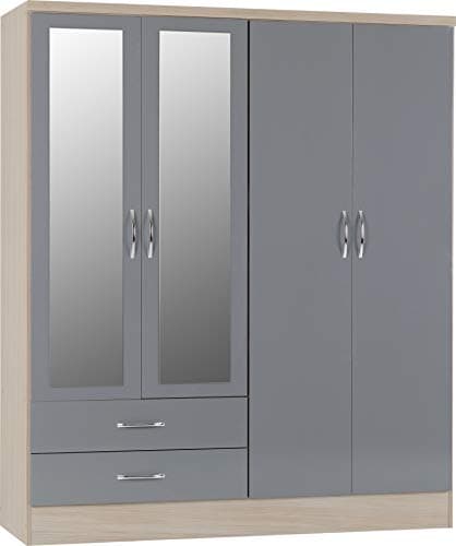 Image of Seconique Nevada 4 Door 2 Drawer Wardrobe in Grey Gloss/Light Oak Effect Veneer, Oak Wood