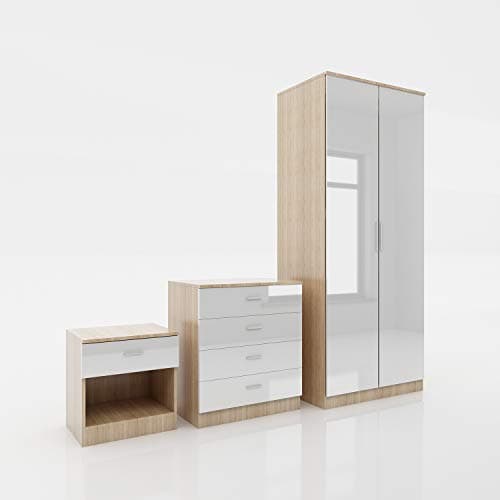 Image of ELEGANT 3 Piece Bedroom Furniture Sets High Gloss Soft Close Wardrobe + 4 Storage Drawer Chest of Drawers + Bedside Cabinet, White-Oak Wardrobe and Chest of Drawers Set (Mirror not included)