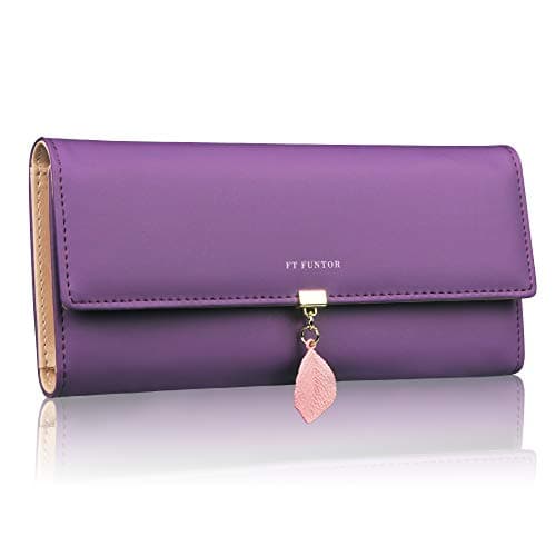 Image of FT FUNTOR PU Leather Wallet for Women RFID Blocking Ladies Leaf Pendant Coin Zipper Long Purse with Multiple Card Slots and Card Holders Phone Pocket (L-Deep Purple)