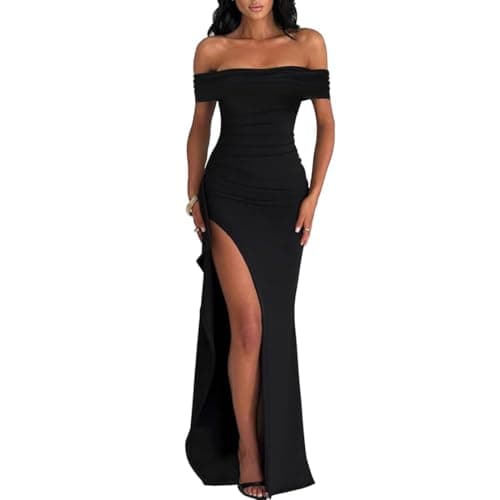 Image of AOWVUTS Women Evening Party Dress High Slit Prom Dress Sexy Split Off Shoulder Dinner Gowns Dresses Ladies Solid Elegant Wrap Maxi Dresses for Cocktail Club Wedding Formal Gowns Black
