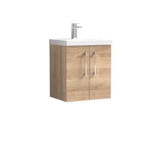 Image of nuie ARN3021D Arno Modern Bathroom Wall Hung 2 Soft Close Door Vanity Unit and Thin-Edge Basin, 500mm, Bleached Oak Woodgrain