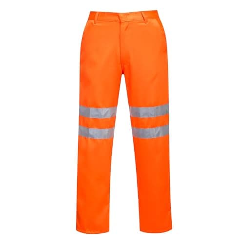 Image of Portwest RT45 Hi Vis Polycotton Work Trousers with Reflective Tape Water Resistant EN ISO 20471 Certified Rail Safety Pants with Pockets UPF Protection Workwear, Orange Tall, L