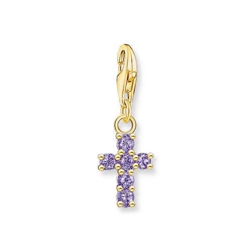 Image of Thomas Sabo Charm pendant cross with amethyst-coloured stones yellow-gold plated 925 Sterling Silver, 18k Yellow Gold Plating