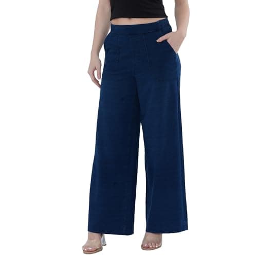 Image of EX M&S Womens Elasticated High Waist Wide Leg Denim Trousers Soft Stretch Pull On Casual Pants Size Blue 16 Regular
