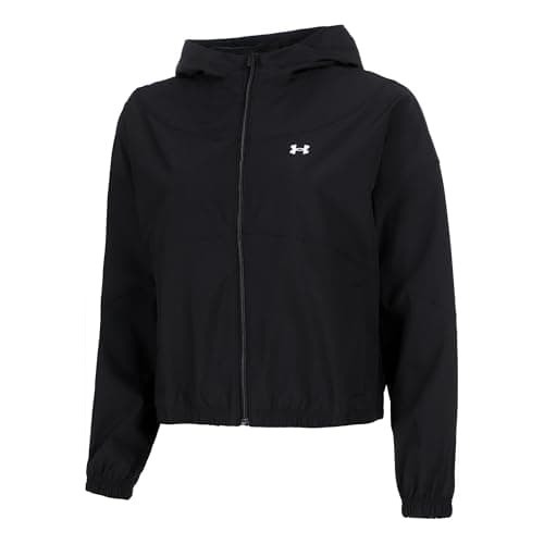 Image of Under Armour Women's Rival Woven Jacket Hooded, Women's Jacket with Water-Resistant Storm Technology, Light Coat with Pockets for Outdoor Pursuits,Black/Black/White,MD