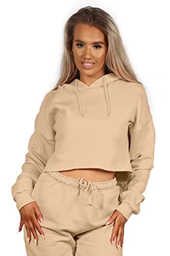 Image of mymixtrendz Women Pullover Hoodie Hooded Top Cropped Sweatshirts Ladies Casual Solid Long Sleeve Shirt Hooded Crop Tops (Beige, numeric_12)