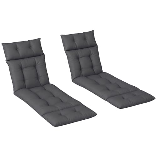 Image of Outsunny Sun Lounger Cushions Only, 190x56x10cm Garden Lounge Chair Cushions Set of 2, UPF20+ 220gsm Fabric, Thick Sunbed Replacement Pads with 6 Ties, Dark Grey