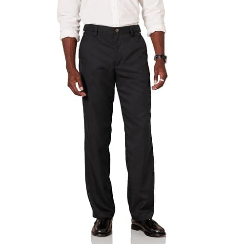Image of Amazon Essentials Men's Classic Fit Expandable-Waist Flat-Front Dress Trousers, Black, 42W / 30L
