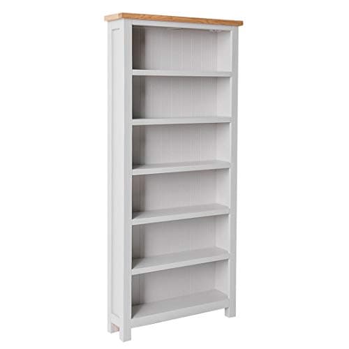 Image of RoselandFurniture Farro Grey Tall Living Room Bookcase with Oak Top | Large Country Farmhouse Style Painted Solid Wooden Pine Bookshelf with 6 Shelves for Office