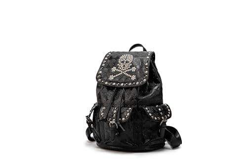 Image of SandraWang Women’s PU Leather Backpack, Casual Everyday Fashion Backpack with Studded Skull Design, Drawstring Closure, Multiple Pockets, Black