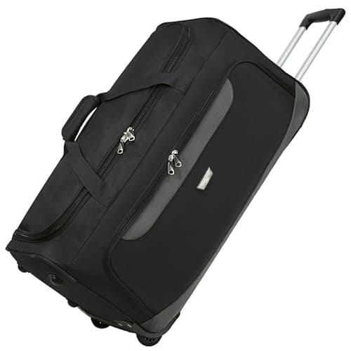 Image of Rocklands® Lightweight Wheeled Holdall Medium Duffle Trolley Suitcase Thick Heavy-Duty Cross Nylon EVA-Backed Front, Hard Base Travel Bag (Medium - 28" (H72xW37xD36 cm), Black)