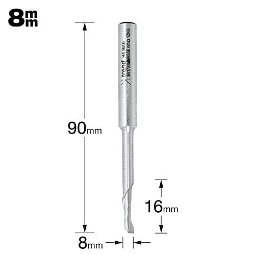 Image of Trend Professional Helical Plunge Router Cutter, 8mm Shank, 5mm Cut Diameter, Narrow Extended Neck, High Speed Steel, 50/17X8MMHSSE