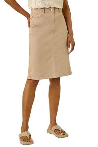 Image of Roman Originals Denim Skirt with Pockets for Women UK - Ladies Jean Skirts Cotton Stretch Mid Wash Fitted A Line Casual Smart Work Office Knee Length Flattering Slimming - Natural - Size 10