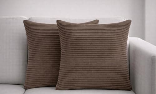 Image of Seechoo Corduroy Cushion Covers, Set of 2, 45 x 45 cm, Striped, with Invisible Zipper, 18 x 18 Inch (Brown)