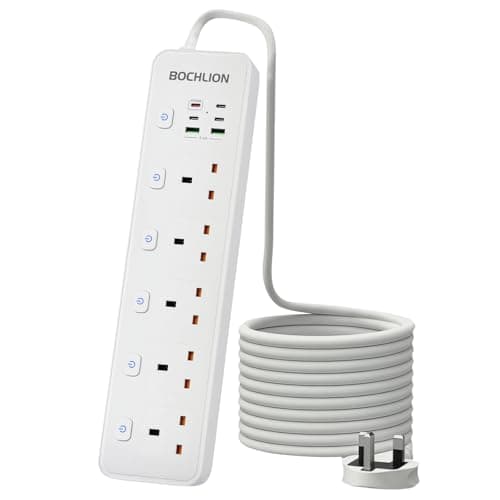 Image of BOCHLION Extension Lead with 6 USB Slots, 5 Way Plug Extension Socket Surge Protection Power Strip with PD30W USB C Slot, Independent Switches and 2M Extension Cord Wall Mounted for Home Office-White