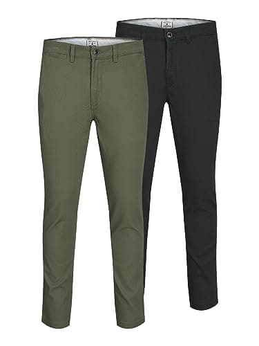Image of Jack & Jones Men's Multipack of 2 Slim-Fit Chinos Tapered Leg Cotton Stretch Trouser Black & Dusty Olive 38W / 32L