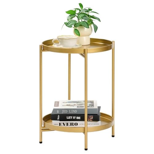 Image of Mordchil EU 2-Tier Round End Side Table, Small Metal Side Table with Removable Tray, Folding Accent Tables for Living Room, Balcony, Nightstand for Bedroom, Outdoor Tables for Patio, Gold
