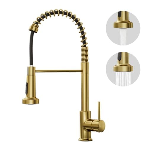 Image of BESy Brushed Gold Kitchen Sink Tap, 2 Function Kitchen Sink Mixer Taps with Pull Out Spray, Brass High-Arc 360° Swivel Single Handle Spring Rv Taps