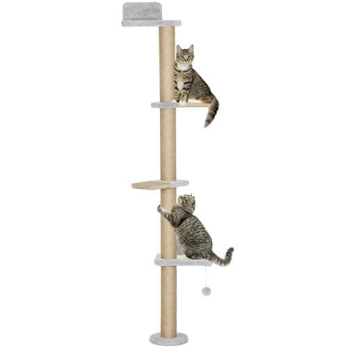 Image of PawHut Cat Wall Furniture, Wall Mounted Cat Shelves with 4 Climbing Platforms, Jute Scratching Post and Toy Ball for Indoor, 180cm Tall, Light Grey