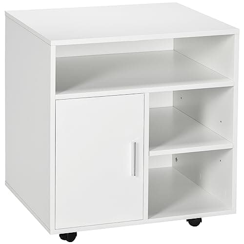 Image of HOMCOM Multi-Storage Printer Stand Unit Office Desk Side Mobile Storage w/Wheels Modern Style 60L x 50W x 65.5H cm - White