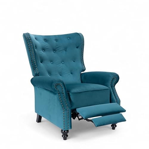Image of Stunning Chairs Velvet Teal Chesterfield Armchair – Wingback Recliner Chair with Wooden Legs, Fireside Chairs for Living Room & Elderly, High Wing Back Arm Chair with Buttoned Back, Studs Detail