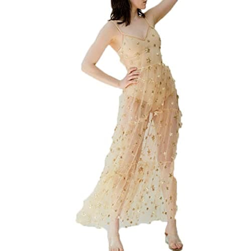 Image of FeMereina Women's Lace Mesh Sheer Dress Backless Ruffle Beach Cami Maxi Dress Sleeveless See Through Cover Ups (Gold, M)