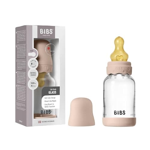 Image of BIBS Boheme Baby Glass Bottle 4 oz /120 ml. Anti-Colic. Round Natural Rubber Latex Nipple. Supports Natural Breastfeeding - Blush