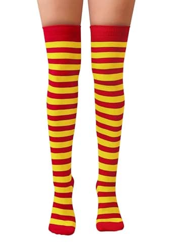 Image of NuJake Striped Over The Knee Socks Fancy Dress Cosplay Girls UK Size 4-5.5 (Cotton Blend, Red & Yellow)