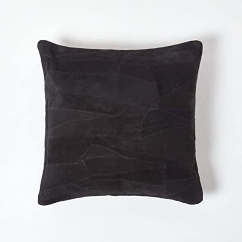 Image of HOMESCAPES Real Leather Black Cushion with Feather Cushion Insert 45 x 45 cm Square - 18 x 18 Inches - Black Recycled Leather Suede Sofa Cushion with Patchwork Pattern