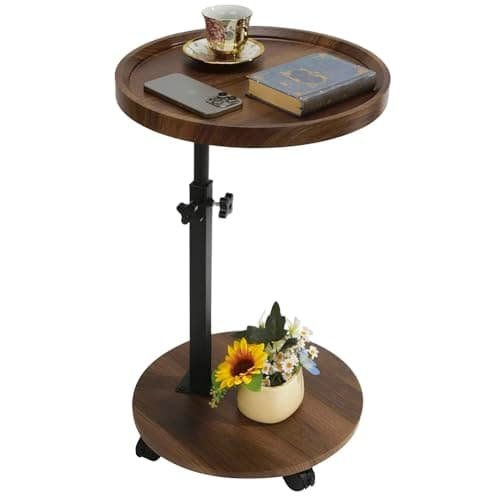 Image of kiss me Living Room Side Table Round End Table, Modern Style Adjustable Couch Table Snack Table Coffee Table Tea Table Nightstand Sofa Table for Bedroom Balcony Patio (Brown)