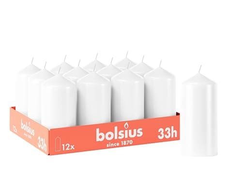Image of Bolsius Smooth Pillar Candles - White - Pack of 12-12 x 6 cm - Decorative Household Candles - Burn Time 33 Hours - Unscented - Contains Natural Plant Wax - Without Palm Oil