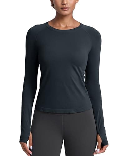 Image of CRZ YOGA Women's Seamless Sports Long Sleeve Shirts Ribbed Running Shirt with Thumb Hole Breathable Quick Dry Fitness Tops True Navy 12