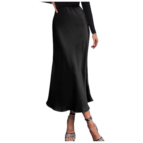 Image of Elegant High Waist Skirt for Women Solid Satin Dress Elegant Skirt with Elastic Waist, black, M