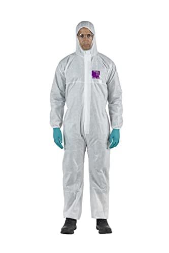 Image of Ansell AlphaTec 1500 Model 138, Disposable Work Overall with Hood, Chemical Protection Type 5/6, Water Repellent Coverall Suit, Industrial Safety Workwear, Men Women, White, Size M (1 Unit)