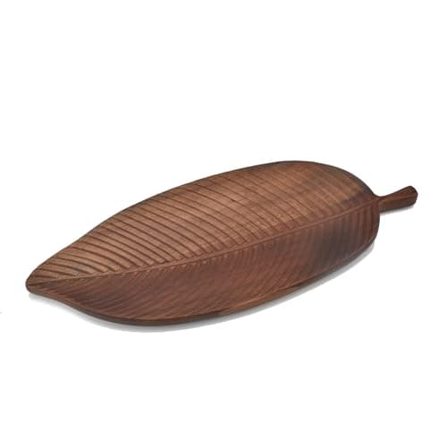 Image of Guowall Acacia Wood Serving Tray, Decorative Leaf Design Tray Platter, Wooden Serving Platter for Decor, Food, 30 * 12 * 1.5CM