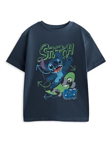 Image of Disney Lilo & Stitch Boys Navy Blue T-Shirt | Short Sleeve Stitch 626 Graphic Tee | Classic Cartoon Apparel Movie Merchandise | Kids Casual Wear Top - 7-8 Years