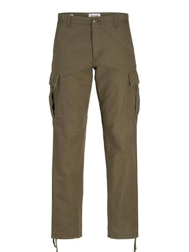 Image of JACK & JONES Mens Cargo Combat Trouser Relaxed Fit Button Fastening Pants for Men UK, Olive Night- 34W / 32L