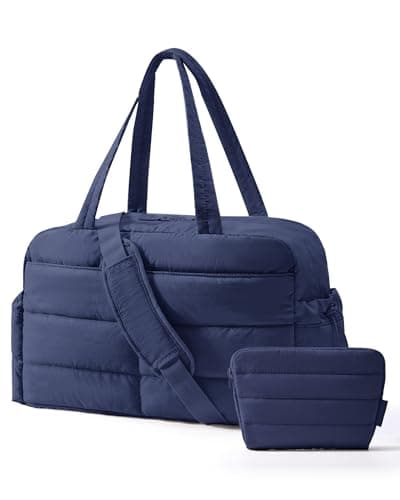 Image of bagsmart 31L Gym Bag with Wet Pocket, Weekend Overnight Tote for Women, Travel Duffle with Trolley Sleeves, Puffer Carry On, Padded Laptop Compartment, Navy Blue
