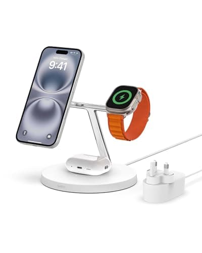 Image of Belkin MagSafe 3 in 1 Wireless Charging Station, 15W iPhone and Apple Watch Fast Wireless Charger, AirPods Charging Station for iPhone 16, 15, 14, 13, 12 Series, Apple Watch 10/9/8, SE, Ultra - White