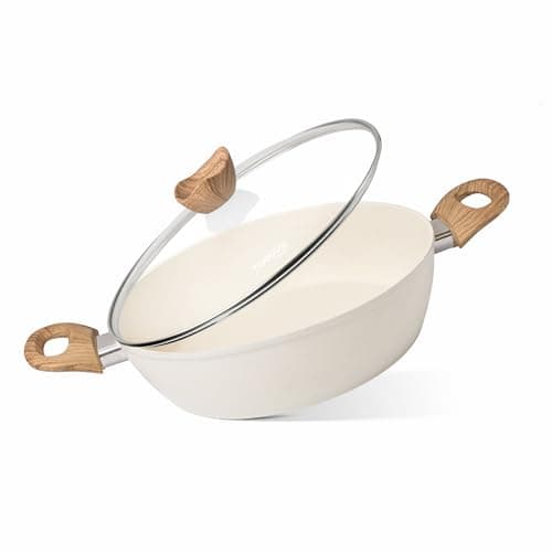 Image of Non Stick Cooking Pots with Glass Lid – 3.1 Quart Induction Hob Stock Pot – Kitchen Shallow Casserole Cookware – 26cm, Cream – by Nuovva