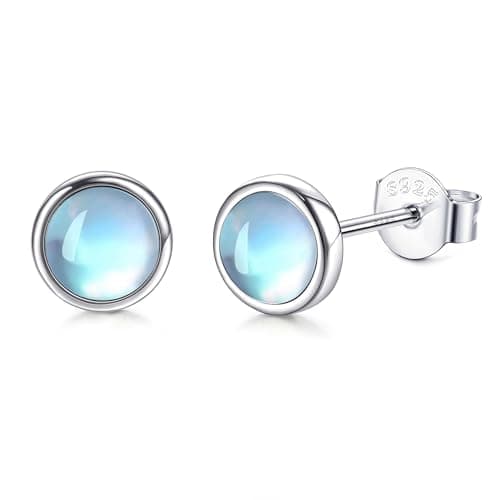 Image of LOLIAS 6MM 925 Sterling Silver Stud Earrings for Womens Teens Solid Silver Moonstone Earrings Hypoallergenic Round Gemstone Ear Stud Gift Daughter Christmas Valentine’s Day