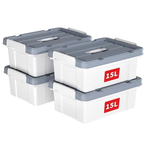 Image of Cetomo 15L*4 Storage Boxes, Carry Plastic Storage Box with Lids, Organizing Container with Handle and Secure Latches, Nestable & Stackable Tote Box for Home Office, 15L-4 Pack, White