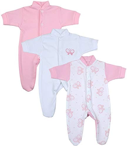 Image of BabyPrem Premature Early Baby Sleepsuits Pack of 3 Babygrows Boy Girl Clothes 1.5lb - 3.5lb PINK BUTTERFLY 32-38cm
