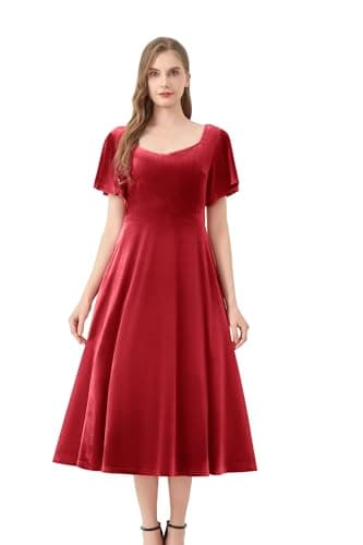 Image of AXOE Women's Velvet Evening Dress A-Line Midi for Autumn Winter Wedding Guest Cocktail Party Prom Red UK Size 20 3XL