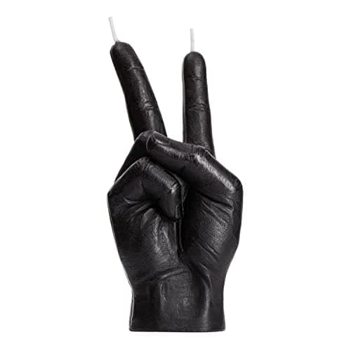 Image of Peace Sign Candle 'Victory' Hand Gesture - Decorative Desk Statue Finger Sculpture for Home Decor Shelf Entryway Mantel Bedroom Vanity Impressive Realistic Detail, Hippie Woodstock Gift 6"H (Black)