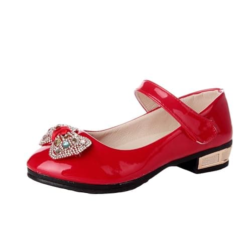 Image of Saxrel Red Low Heel Princess Style Girls School Shoes Patent Leather Slip-On Walking Shoes - Kids Footwear with Hook-and-Loop Strap for Parties/Weddings/Dance UK Size 12.5